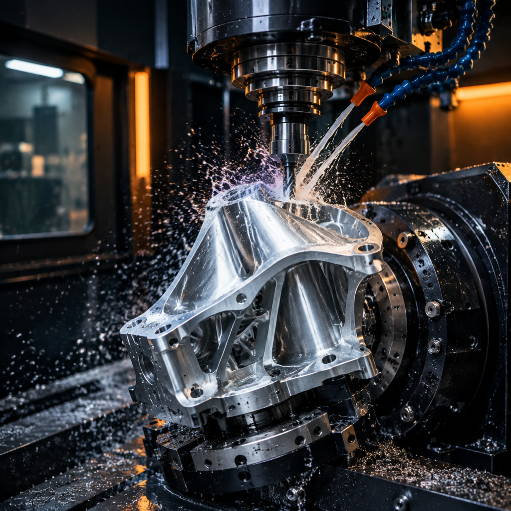 Machinist inspecting a precision metal component beside a CNC milling machine in a machine shop