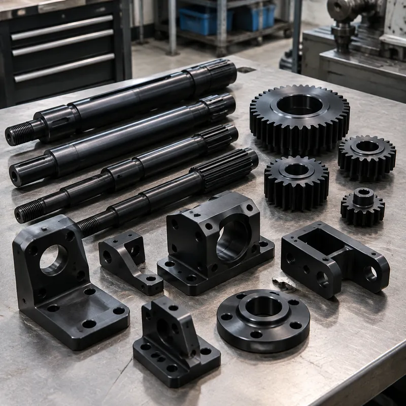Carbon steel CNC machined shafts, brackets and gears with black oxide finish
