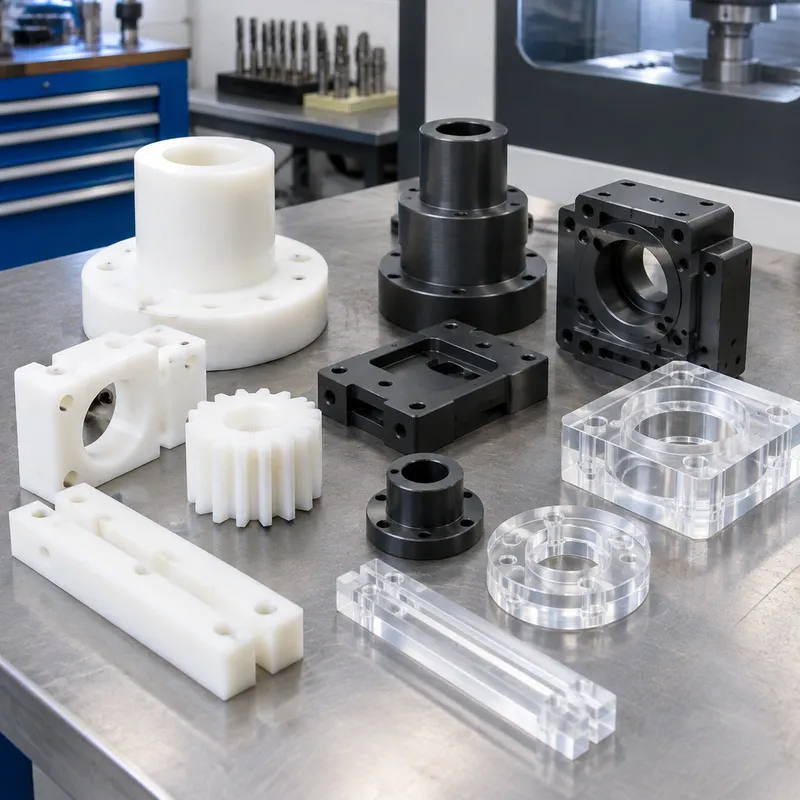 CNC machined plastic parts in POM, PEEK and clear acrylic