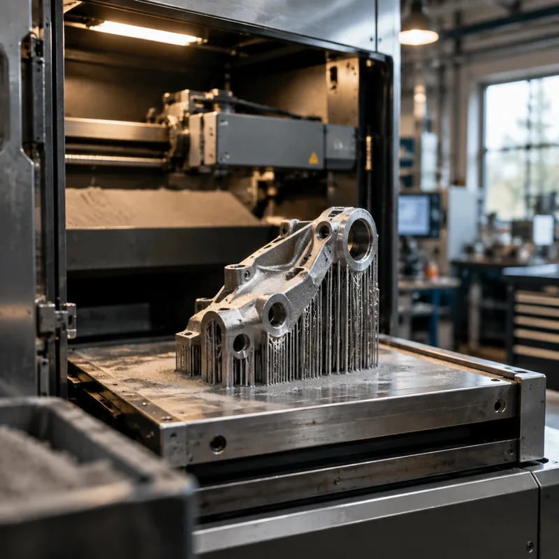 Metal 3D printed part on the build plate of a DMLS machine