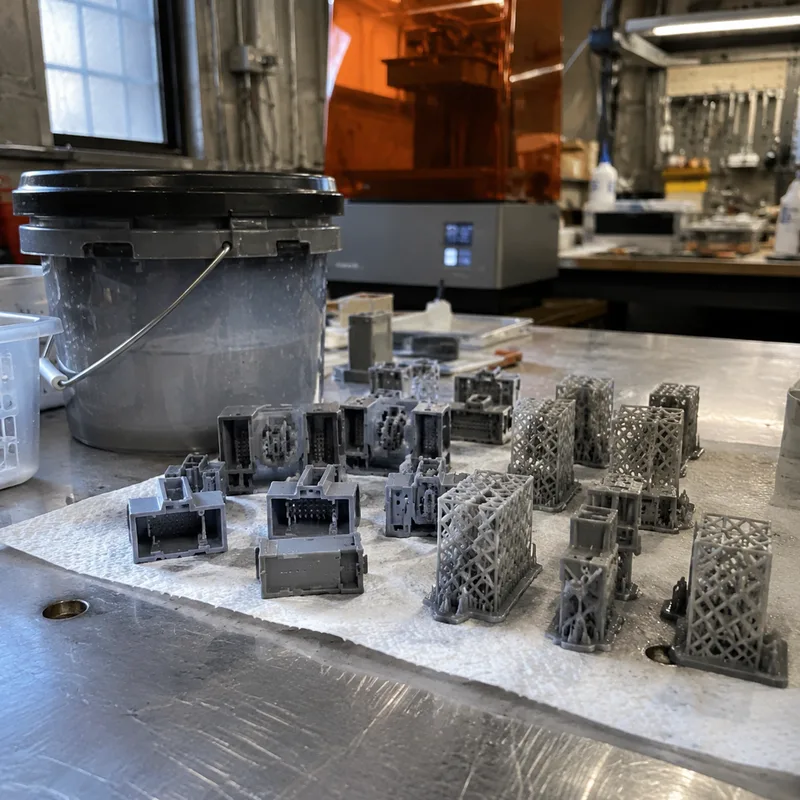 SLA printed grey resin prototype parts curing on a workshop bench