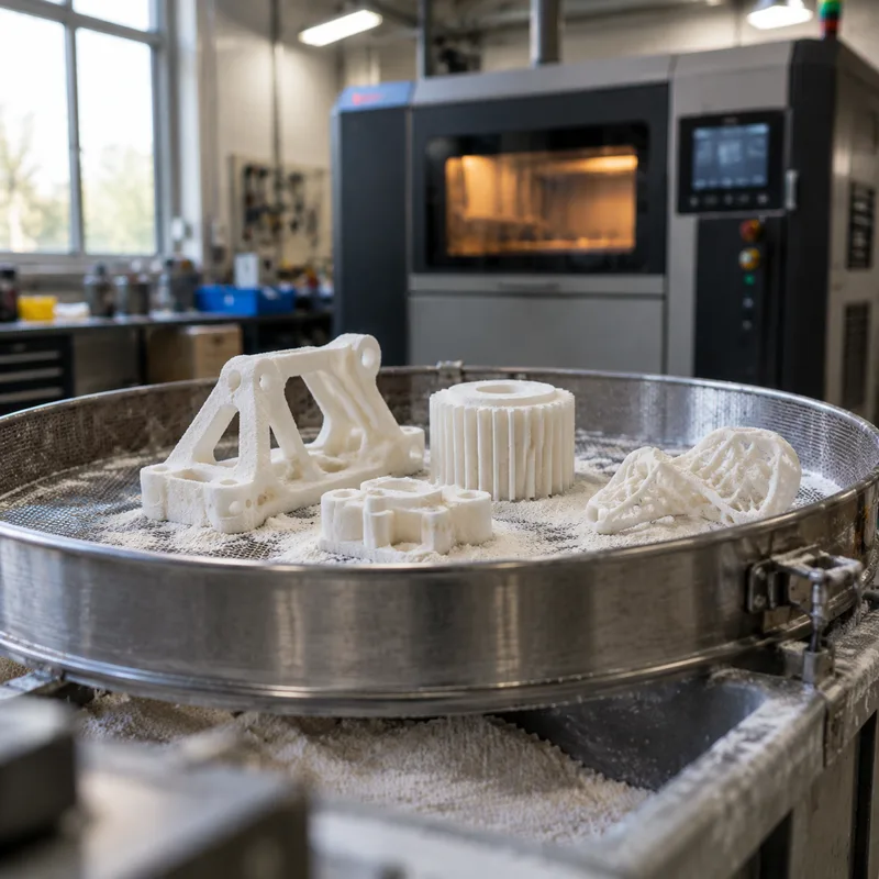 SLS printed nylon parts on a sieve beside a powder printer