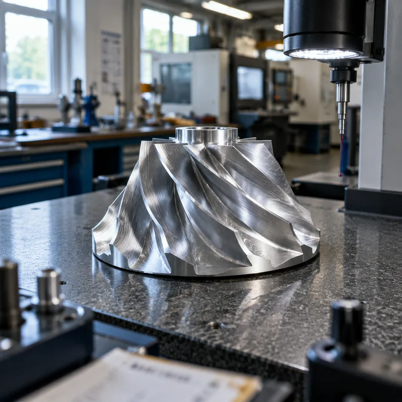 Five-axis machined impeller on an inspection table