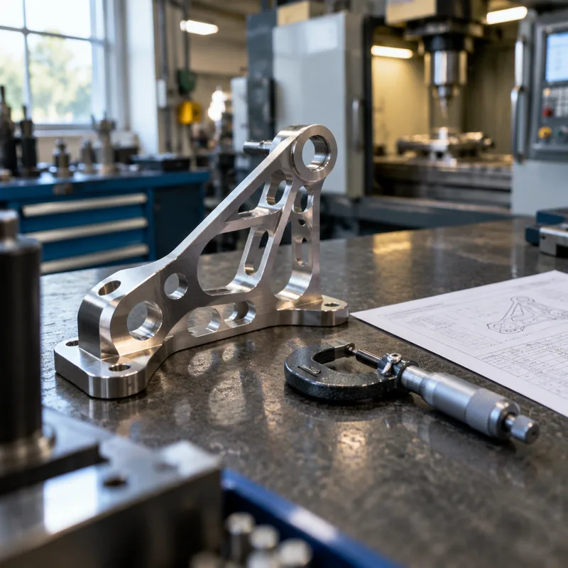 Aerospace machined titanium bracket on an inspection bench