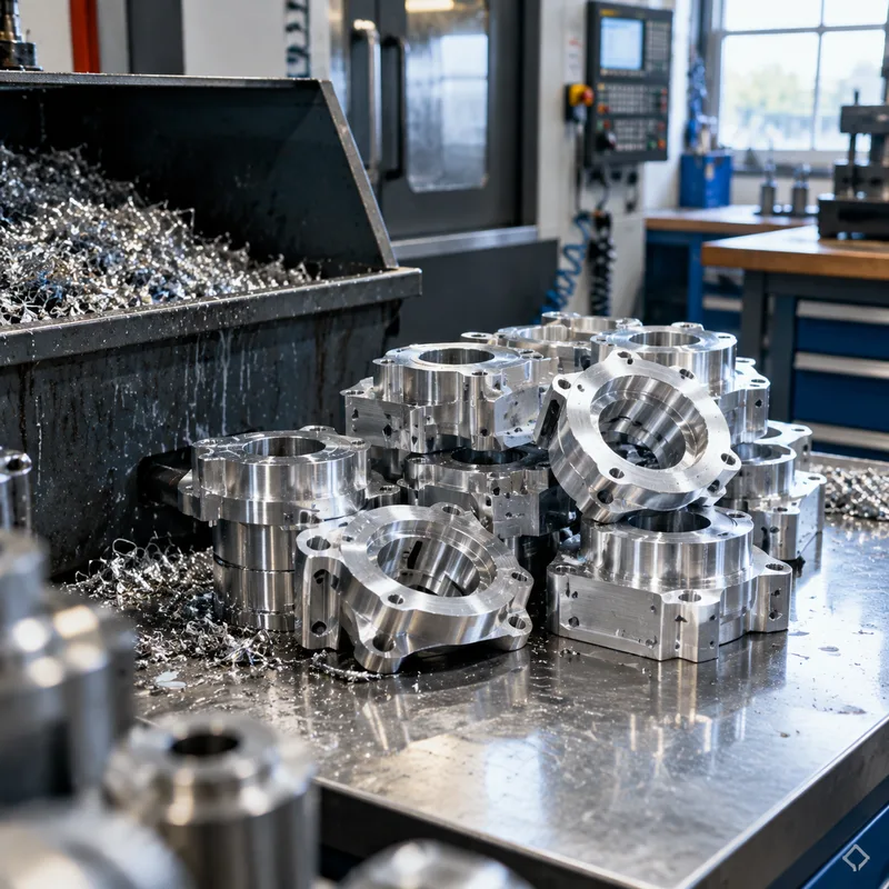 Freshly machined aluminum parts on a shop workbench
