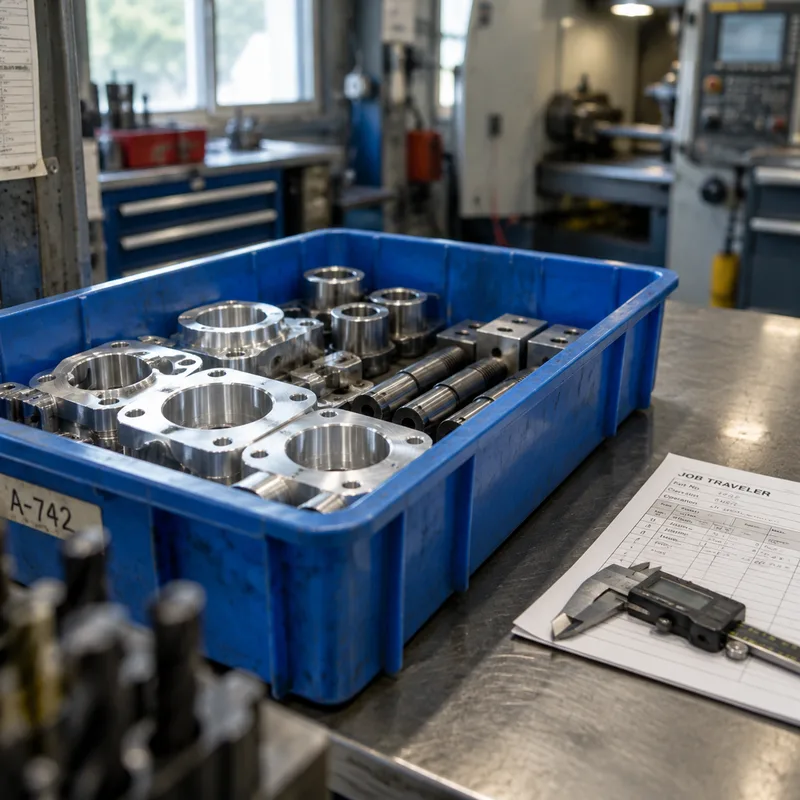 CNC machined metal parts packed in a blue tote bin on a workshop bench