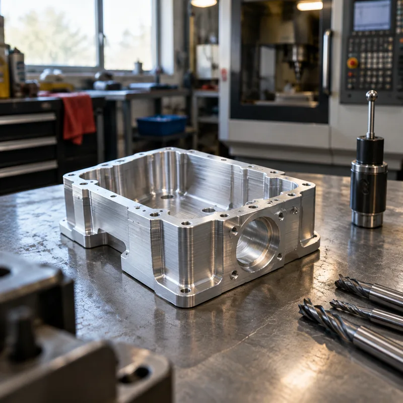 CNC milled aluminum housing on a workbench beside machining tools