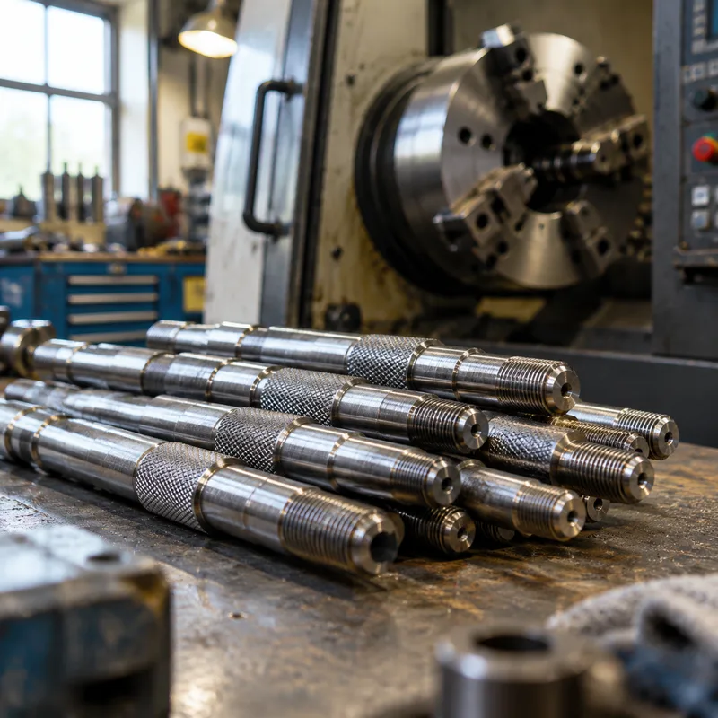 CNC turned steel shafts on a shop bench near a lathe