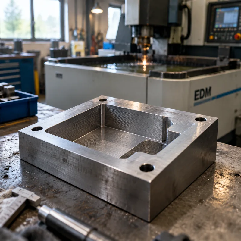 Wire EDM cut steel die component on a workshop bench