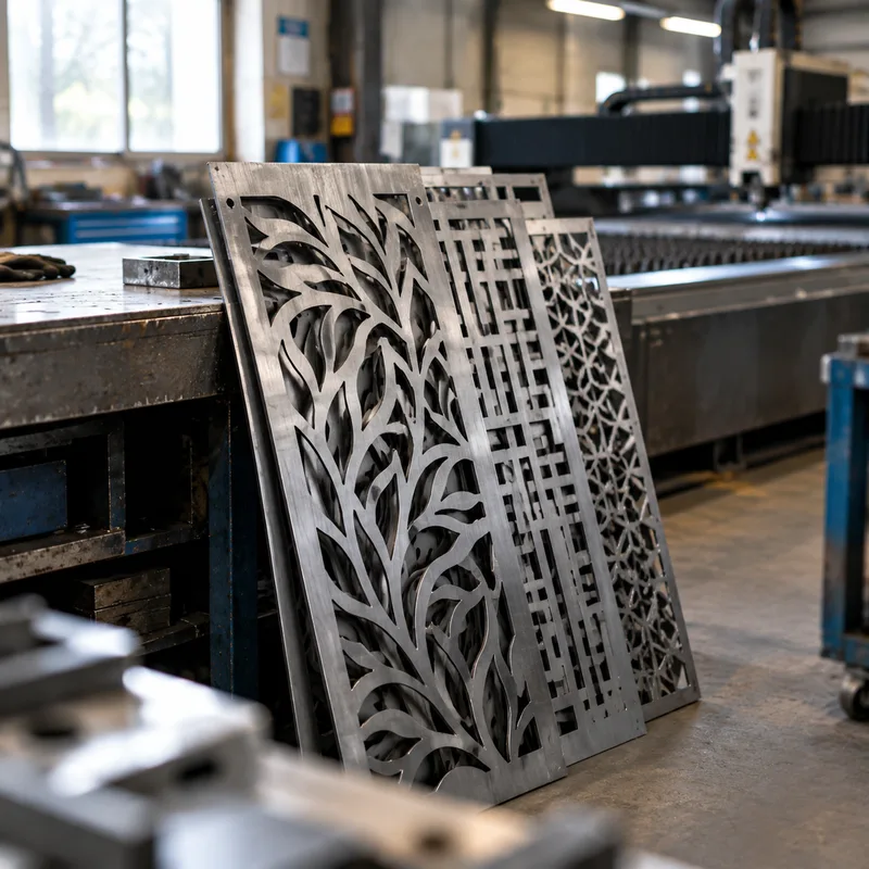 Laser cut flat sheet metal panels on a shop table