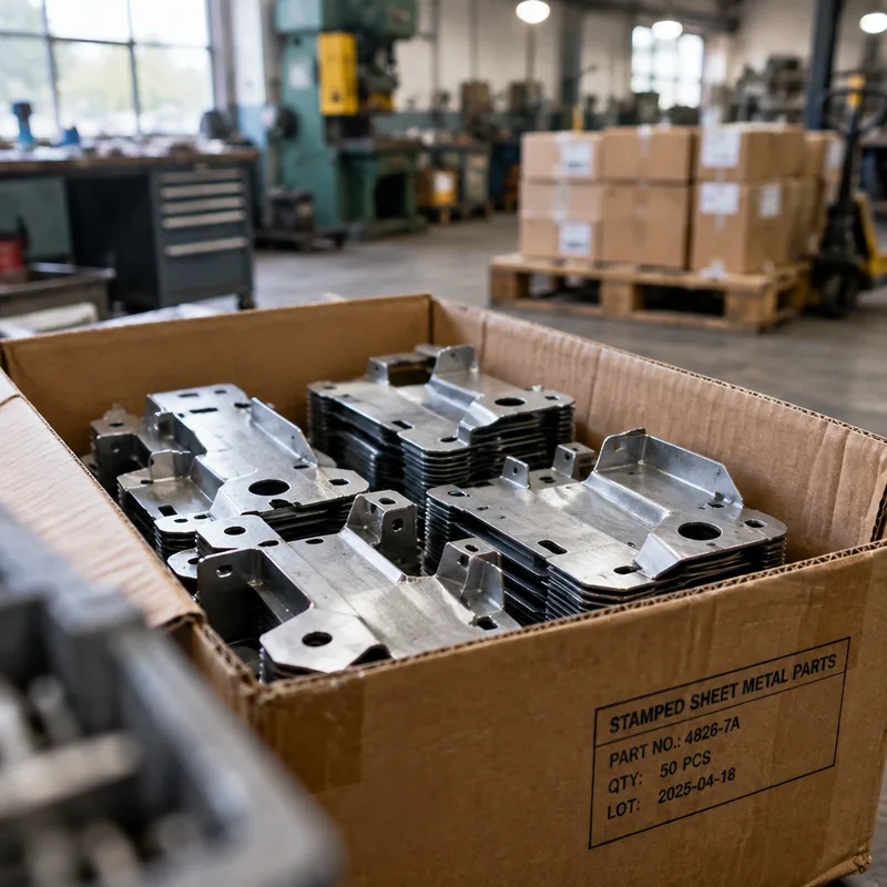 Stamped metal parts in a labeled cardboard box on the shop floor