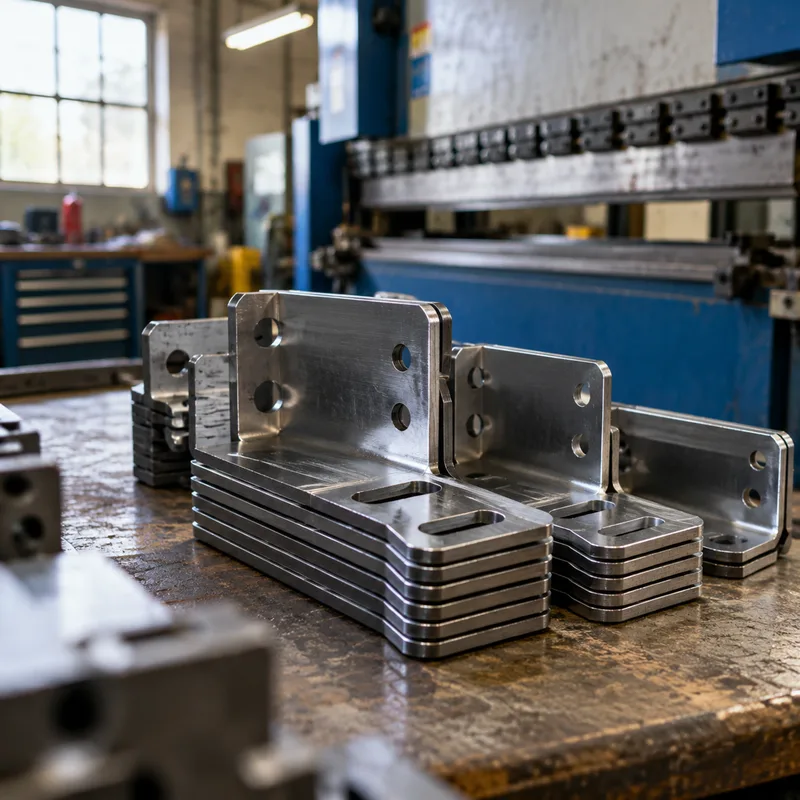 Laser cut and bent sheet metal parts stacked on a workbench