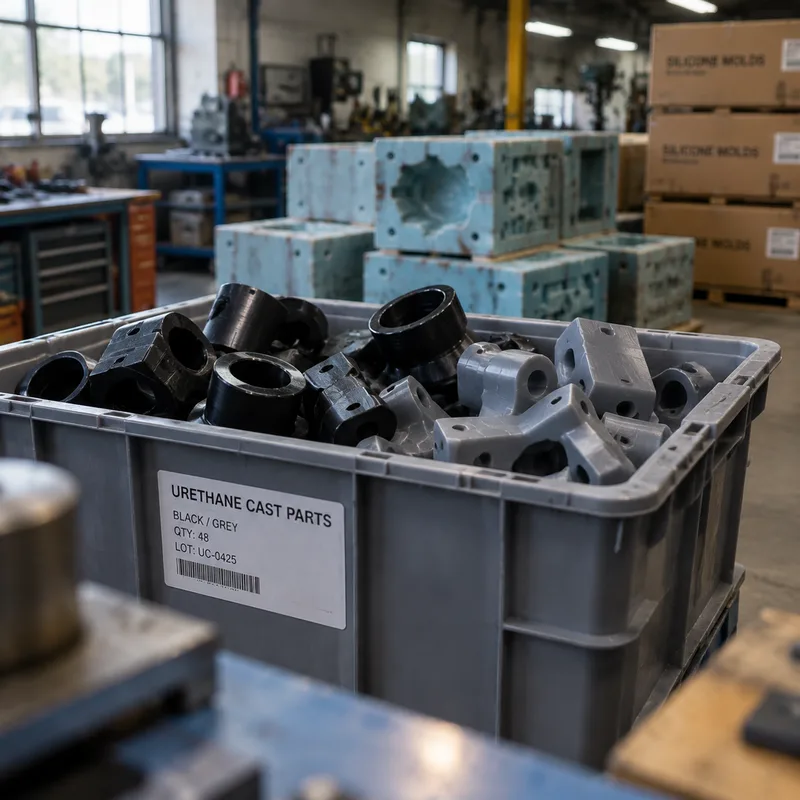 Urethane cast plastic parts in a labeled tote on the shop floor
