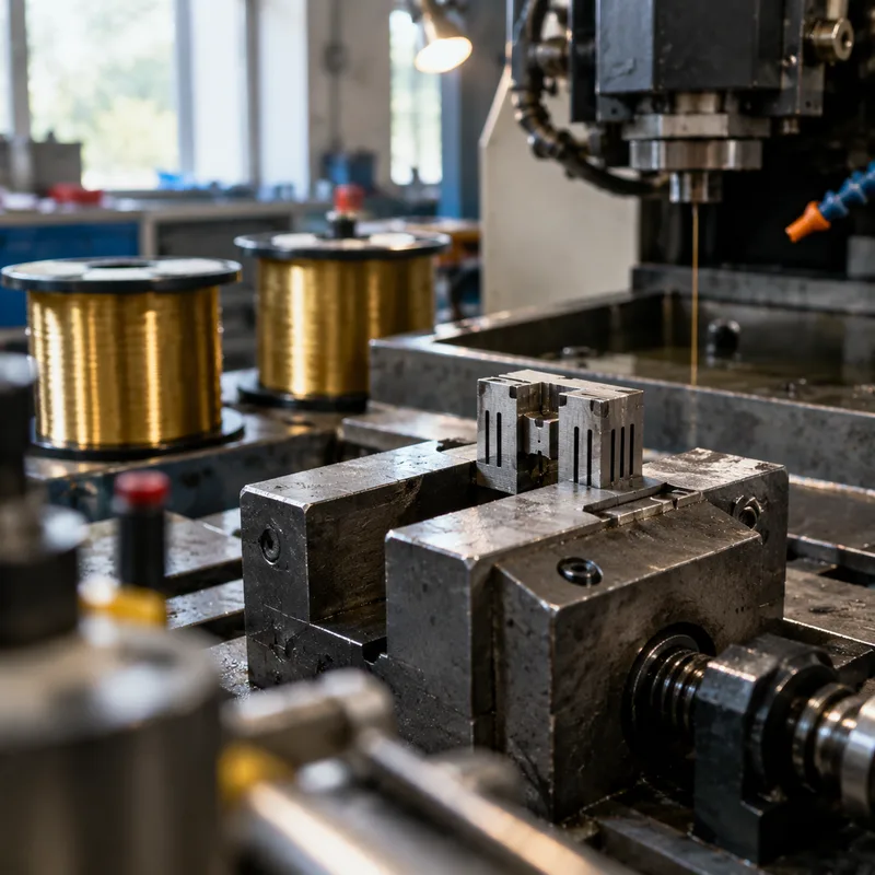Wire EDM workpiece with fine detail features in a workshop