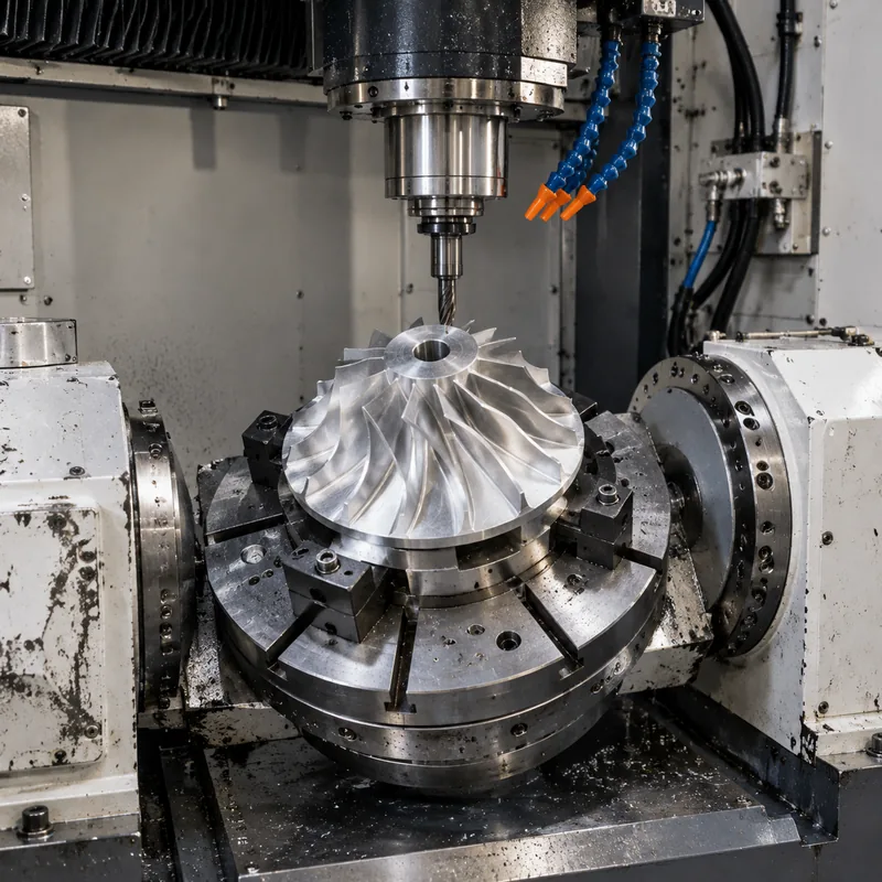 Five-axis CNC machining centre producing a complex contoured part