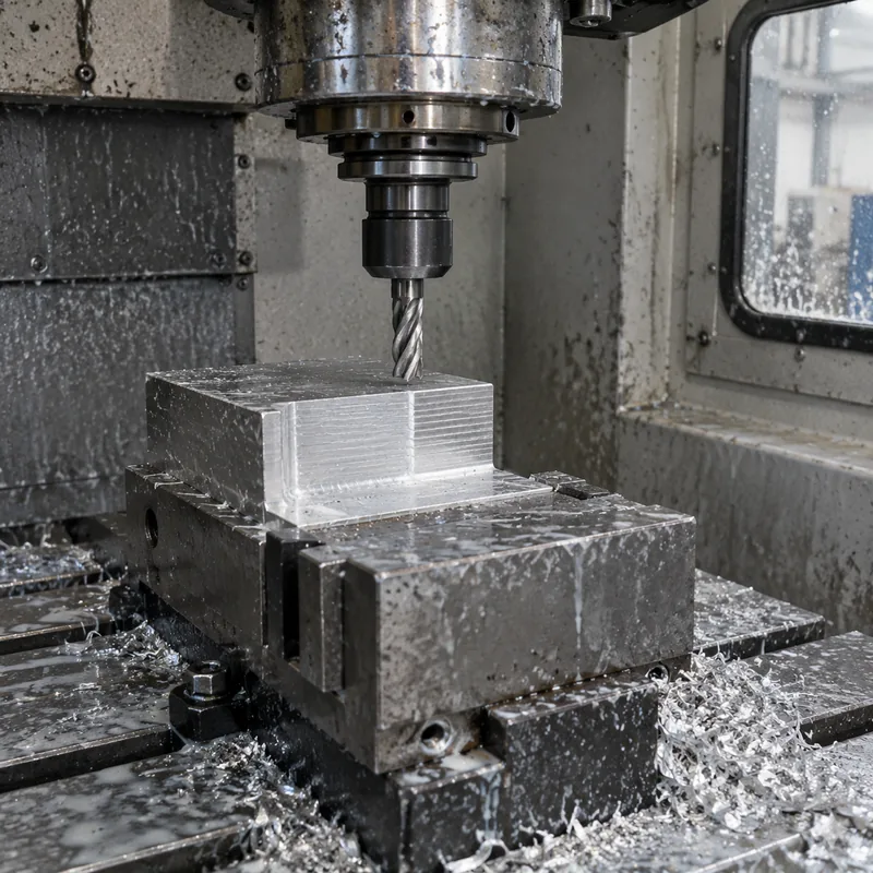 CNC milling machine cutting a precision metal part