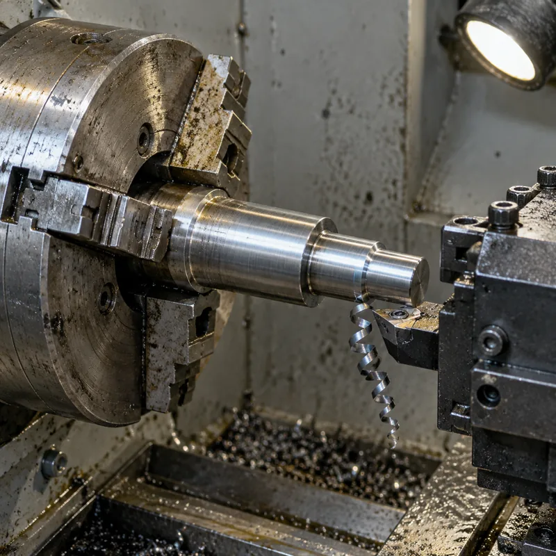 CNC lathe turning a cylindrical metal component