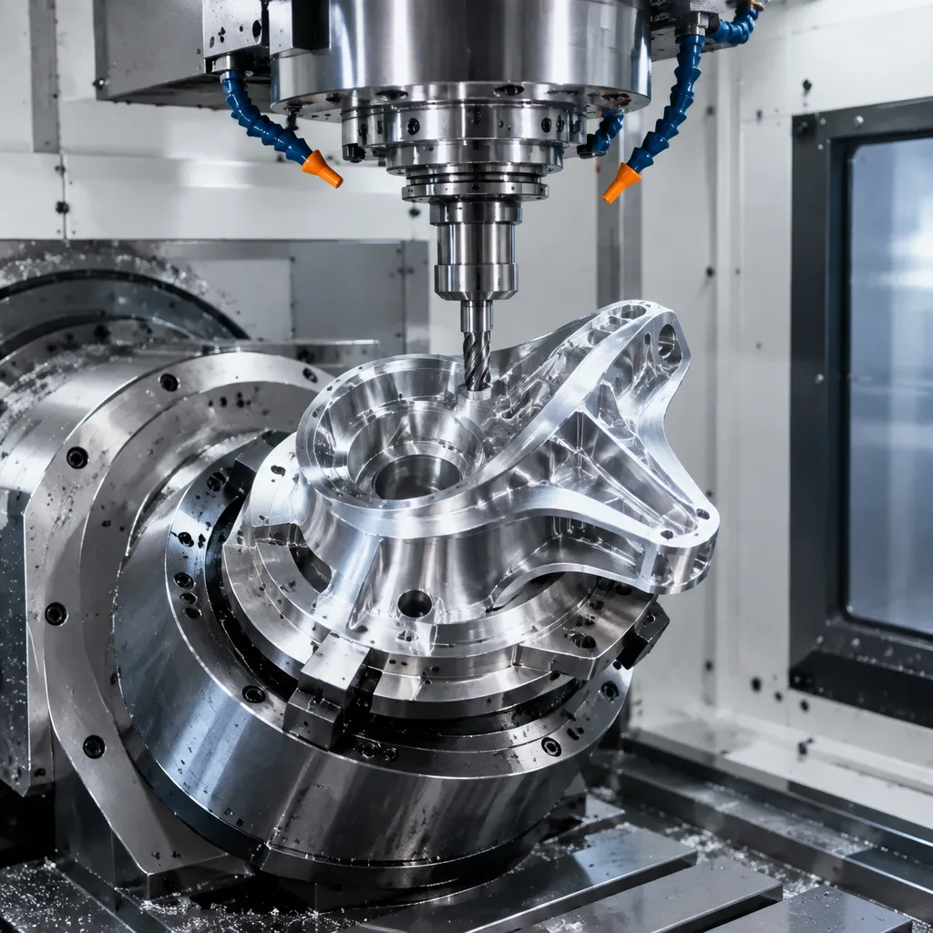 Five-axis CNC machining centre producing a complex contoured part