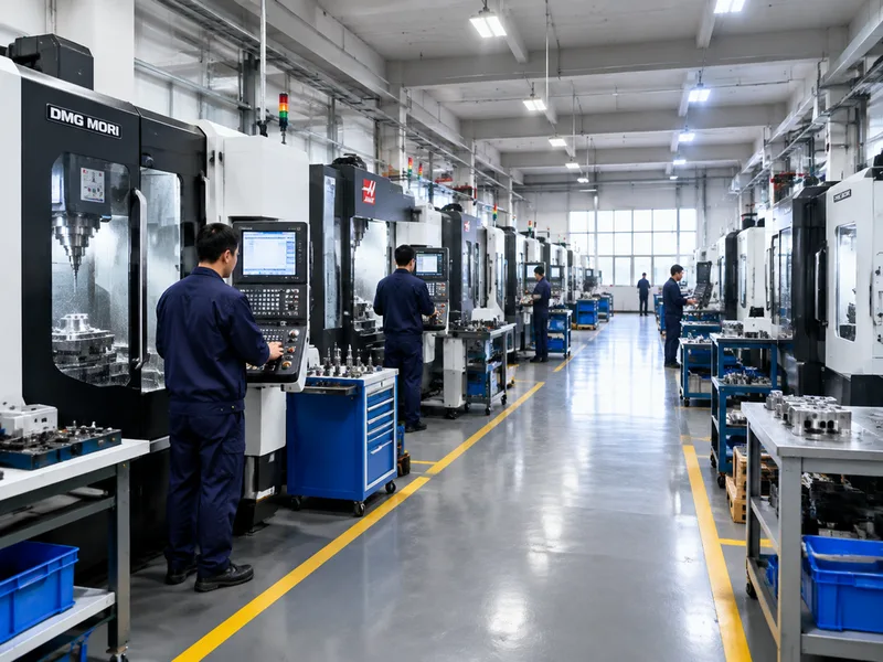 Modern CNC machining facility floor with machine tools and machinists