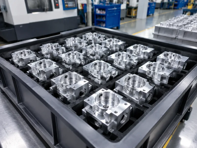 Small batch of precision CNC machined parts in a production tray