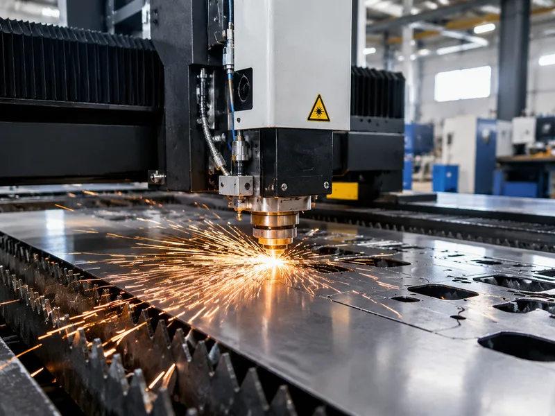 CNC laser cutting sheet metal in a fabrication workshop